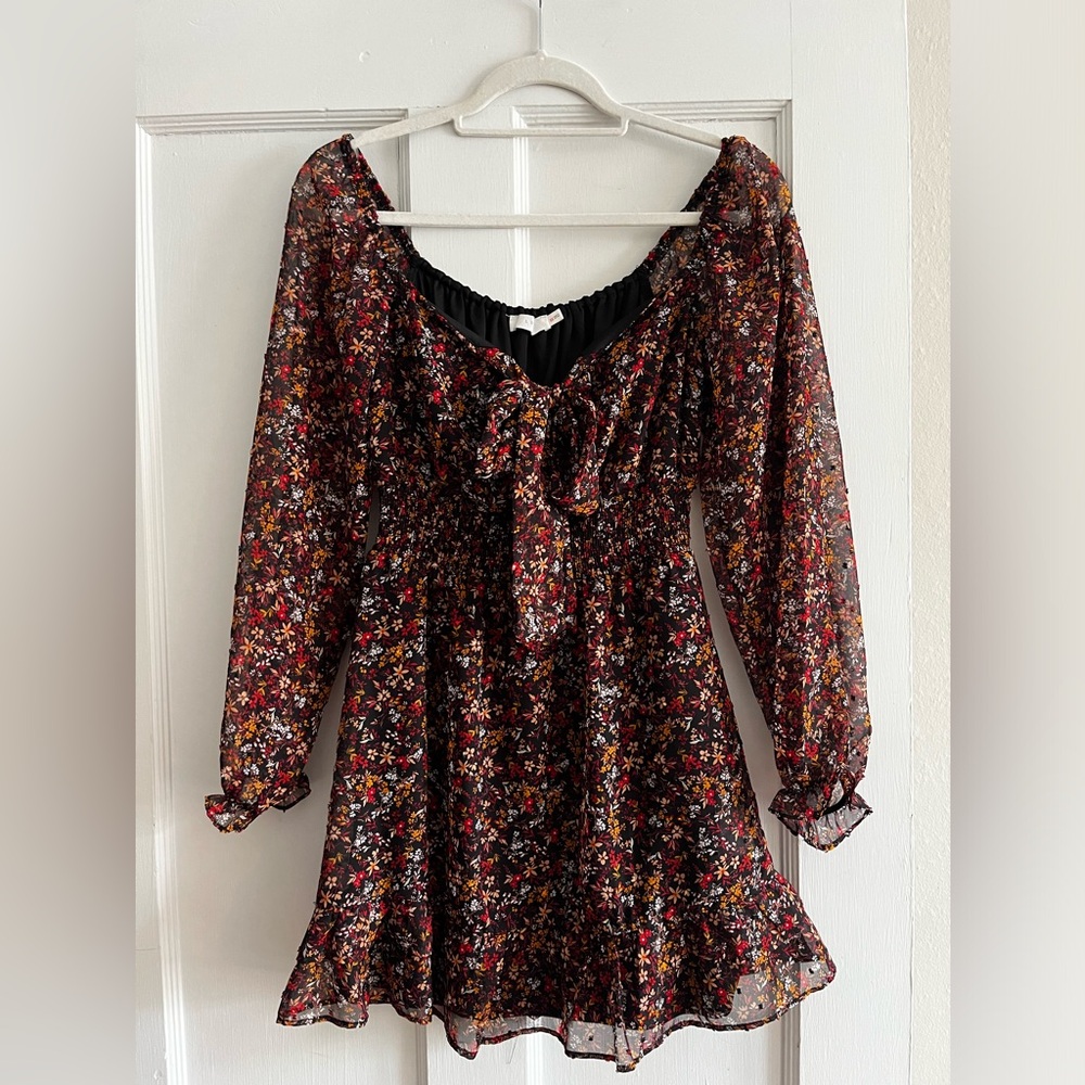 Lush Black Mini Dress with Red & Mustard Floral Print